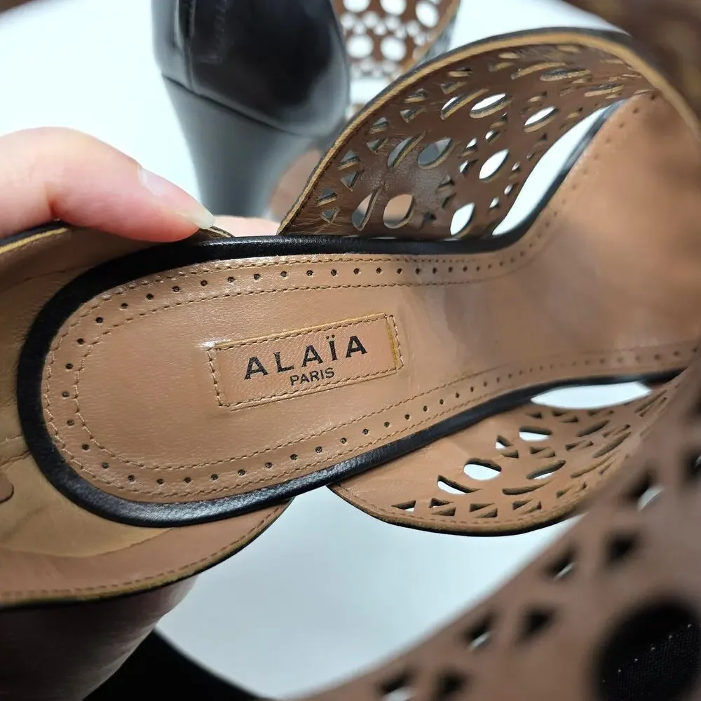 Alaia Black Caged Gladiator Sandal Heels Laser Cut Cutout Leather US 7.5 EU 37.5
